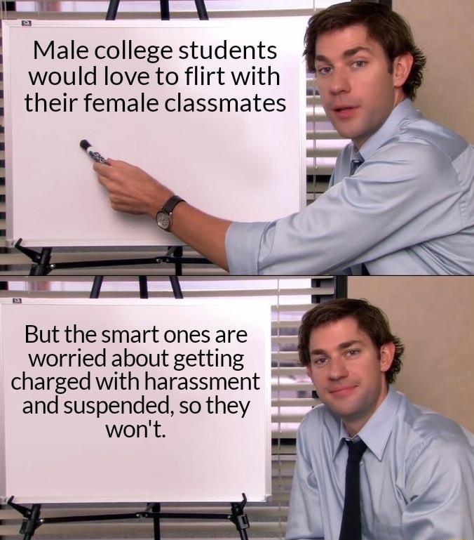 Male college students would love to flirt with their female classmates But the smart ones are worried about getting charged with harassment and suspended sothey wont