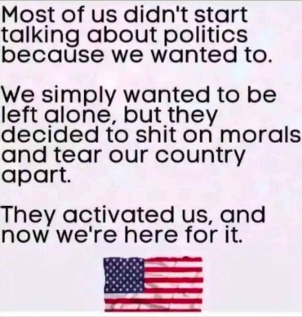 Most of us didn't start talking about politics because we wanted to. We simply wanted to be left alone, but they decided to shit on morals and tear our country apart. They activated us, and now we're here for it.