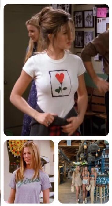 A collage of three images. The top image shows Rachel Green from Friends wearing a white t-shirt with a red heart and green stem design. Her nipples are visible through the shirt. The bottom left image shows Rachel Green wearing a grey t-shirt with 'girls' written on it. The bottom right image features three women walking in a resort setting, two o