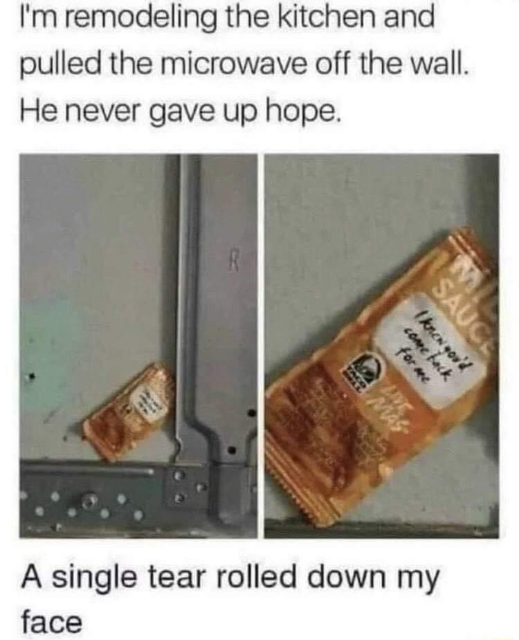 Im remodeling the kitchen and pulled the microwave off the wall He never gave up hope A single tear rolled down my face