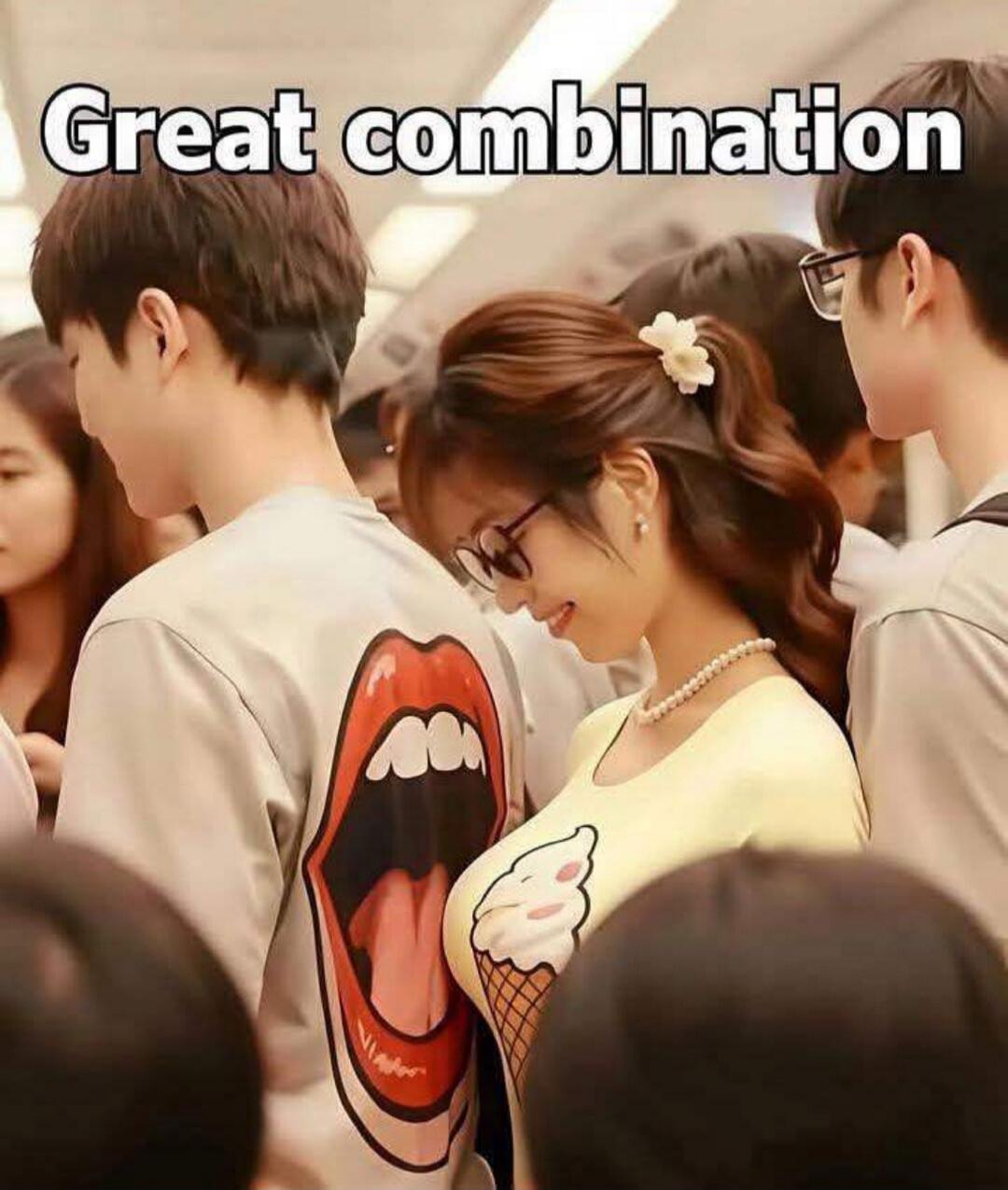 Great combination. A man's t-shirt with a large open mouth graphic is positioned behind a woman wearing a t-shirt with an ice cream cone graphic, creating a humorous visual pun where the mouth appears to be 'eating' the ice cream.