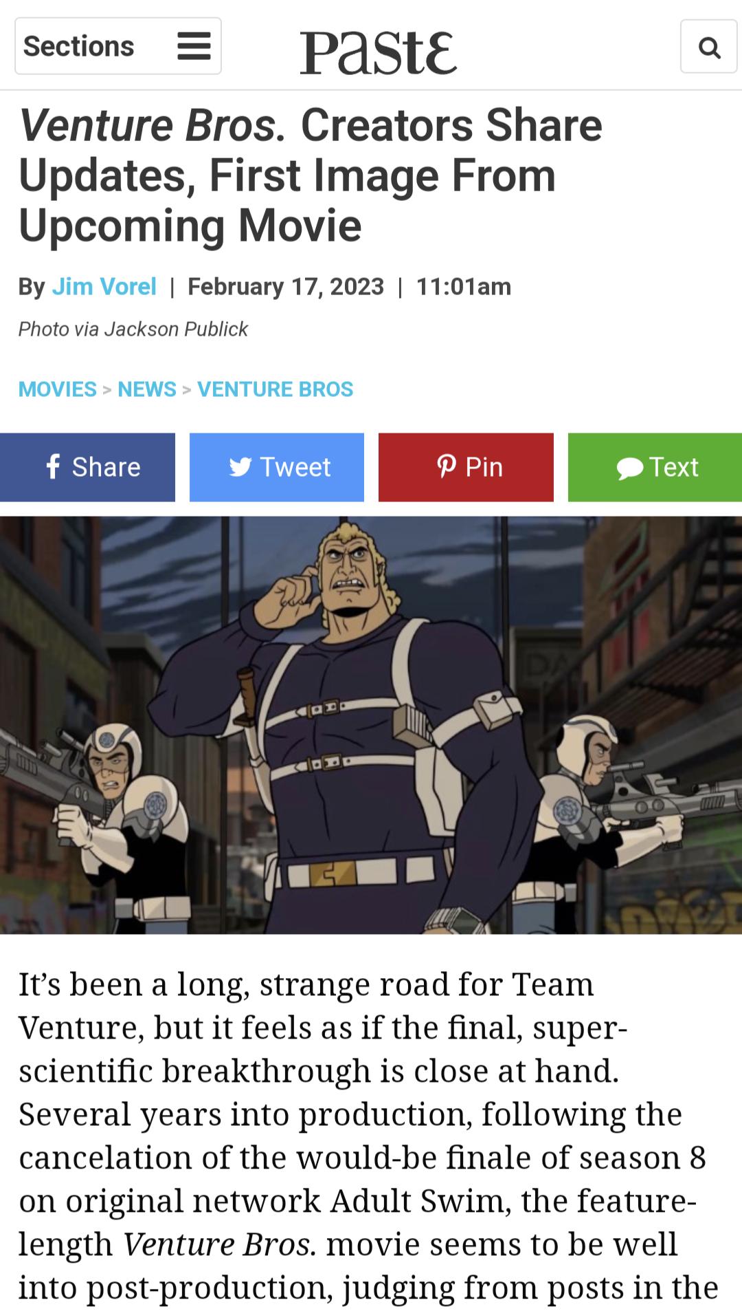 Sections Paste Q Venture Bros Creators Share Updates First Image From Upcoming Movie By February 172023 1101am Photovia Jackson Publick oo o o Its been a long strange road for Team Venture but it feels as if the final super scientific breakthrough is close at hand Several years into production following the cancelation of the would be finale of season 8 on original network Adult Swim the feature l