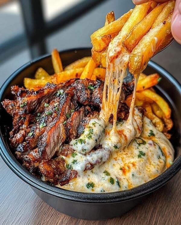 A black bowl filled with crispy French fries topped with slices of grilled steak. There is a generous melted cheese sauce poured over the steak and fries, garnished with chopped herbs.