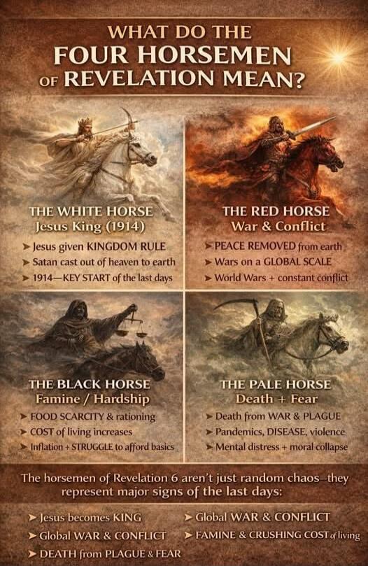 WHAT DO THE FOUR HORSEMEN OF REVELATION MEAN? THE WHITE HORSE Jesus King (1914) Jesus given KINGDOM RULE Satan cast out of heaven to earth 1914 — KEY START of the last days. THE RED HORSE War & Conflict PEACE REMOVED from earth Wars on a GLOBAL SCALE World Wars + constant conflict. THE BLACK HORSE Famine / Hardship FOOD SCARCITY & rationing COST of