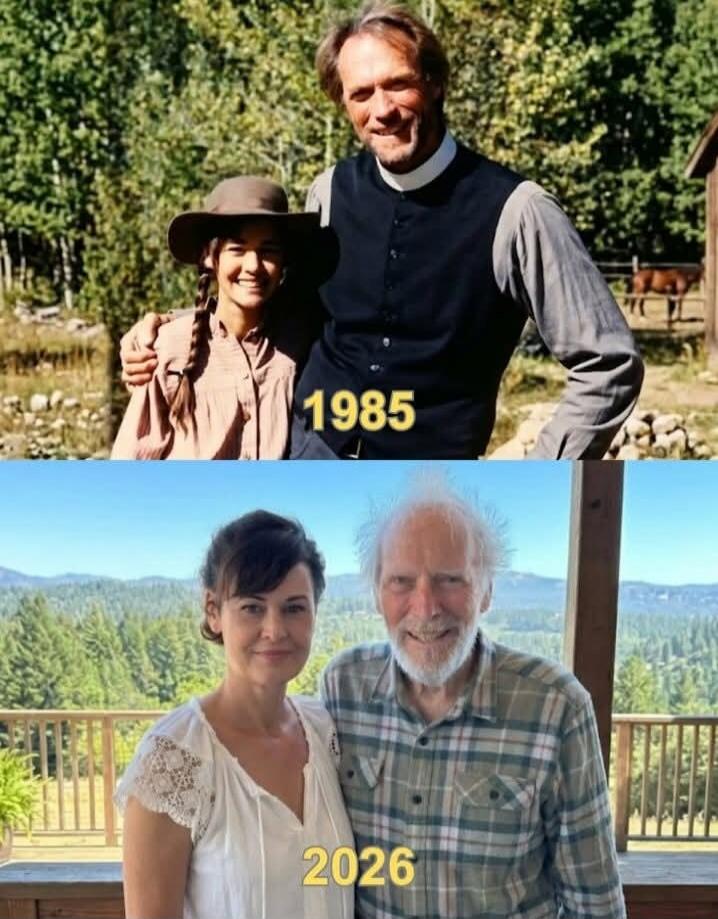 1985 2026. A then and now comparison of Clint Eastwood and Sydney Penny, who played father and daughter in the 1985 film Pale Rider, shown again in a later photo labeled 2026.
