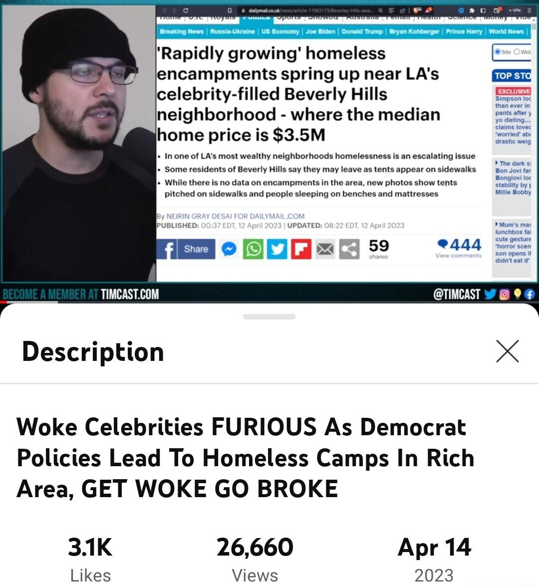 Rapidly growing homeless encampments spring up near LAs elebrity filled Beverly Hills neighborhood where the median home price is 35M THCISTON THGIST 8 Description X Woke Celebrities FURIOUS As Democrat Policies Lead To Homeless Camps In Rich Area GET WOKE GO BROKE 31K 26660 Apr14 Likes Views 2023