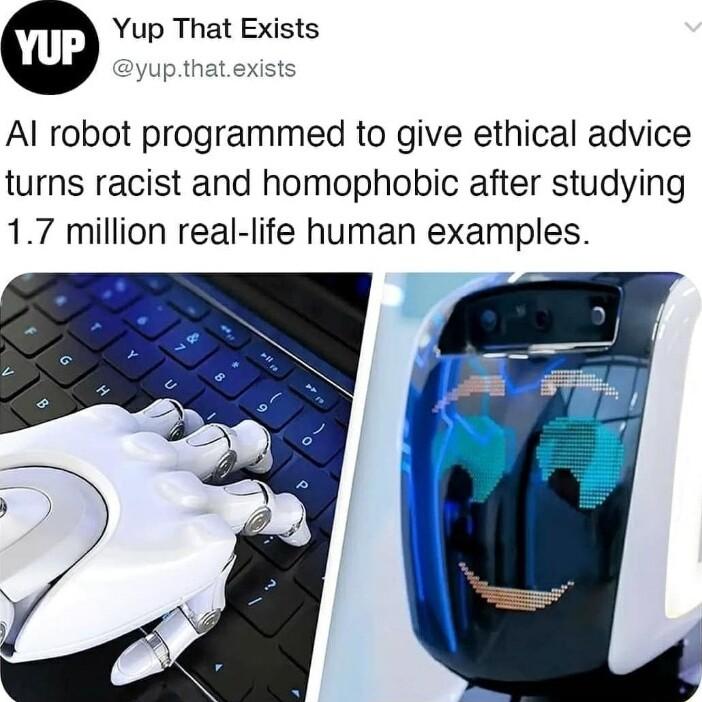 Yup That Exists yup that exists Al robot programmed to give ethical advice turns racist and homophobic after studying 17 million real life human examples