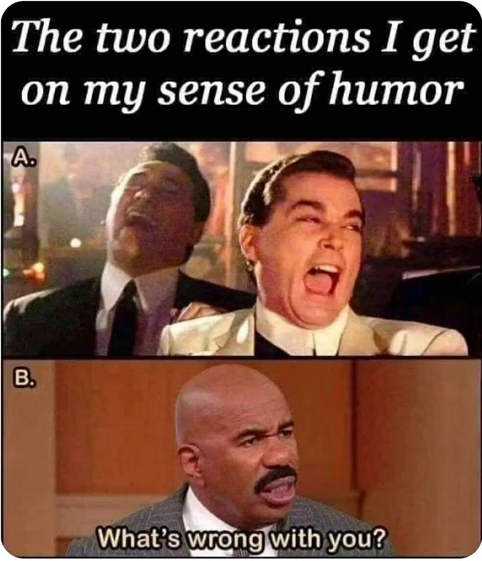 The two reactions I get on my sense of humor. A. [Two men laughing hysterically]. B. What's wrong with you?