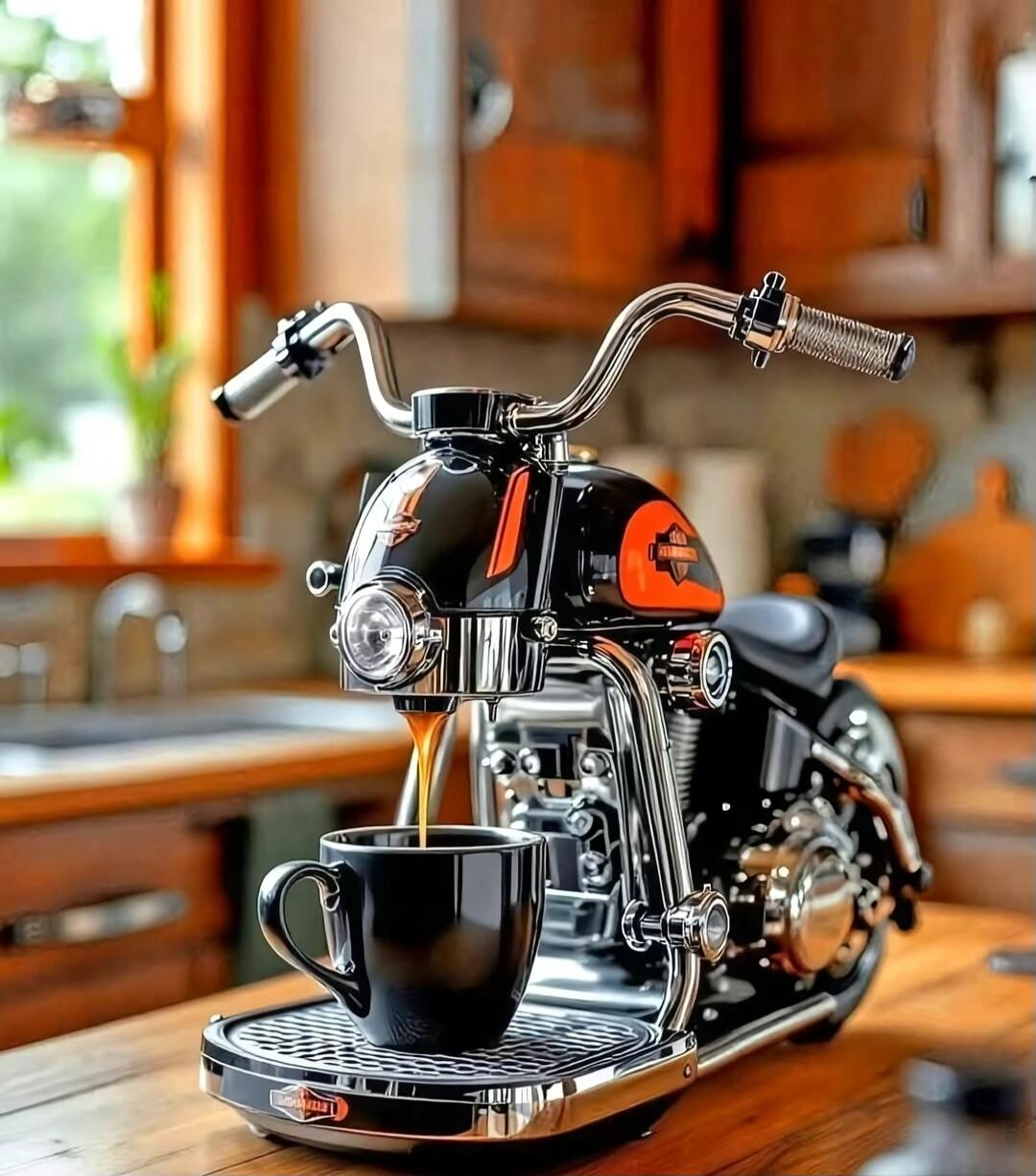A motorcycle-themed espresso machine brewing coffee into a cup.