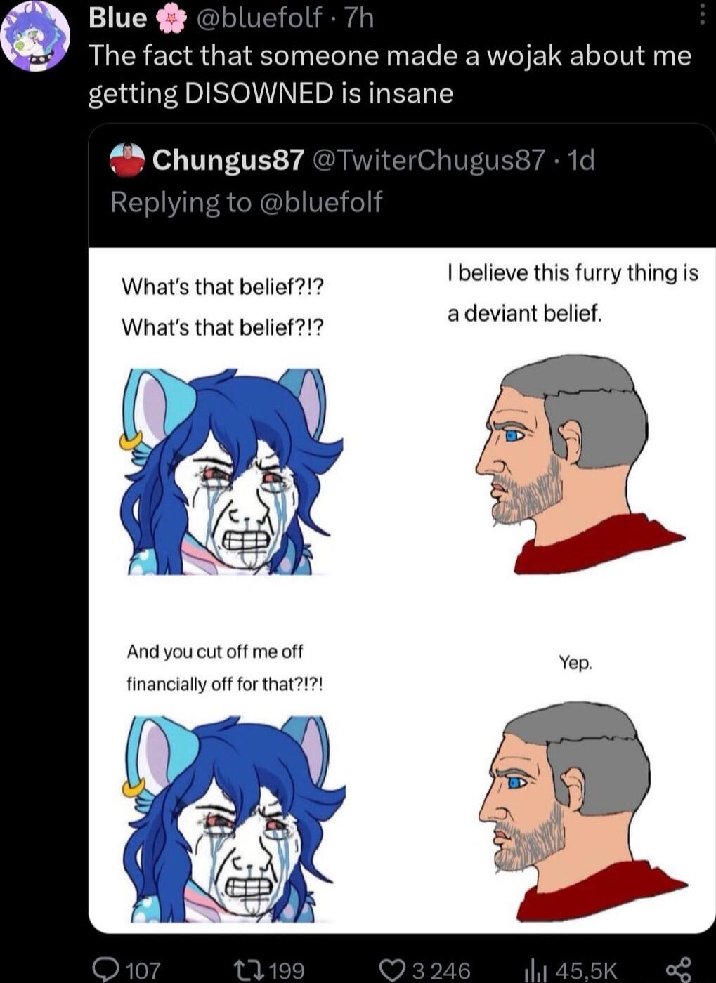 Blue bluefolf 7h The fact that someone made a wojak about me Ibelieve this furry thing is Whats that belief adeviant belief Whats that belief Andyou cut off me off financially off o that1