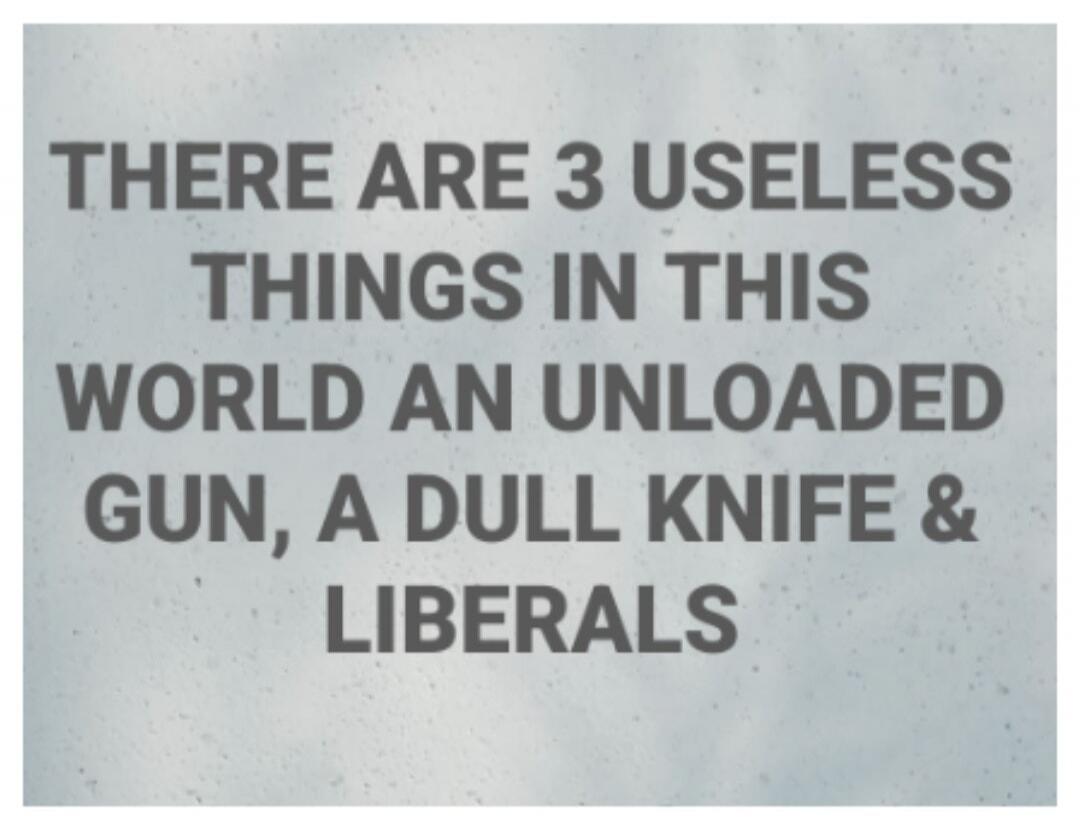 There are 3 useless things in this world: an unloaded gun, a dull knife, and liberals.