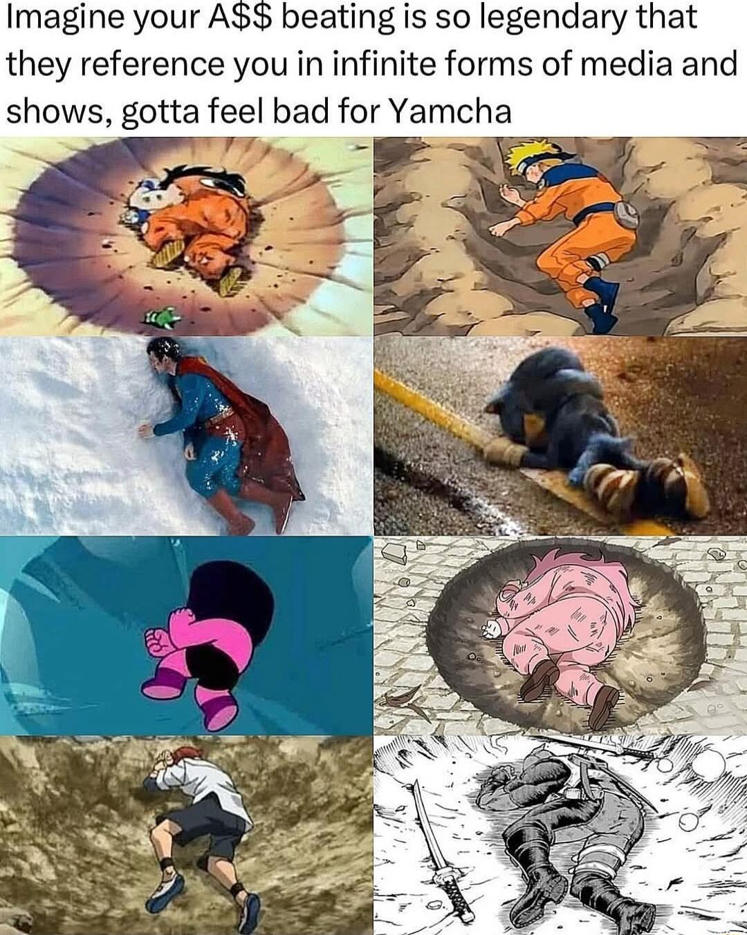 Imagine your AS beating is so legendary that they reference you in infinite forms of media and shows gotta feel bad for Yamcha