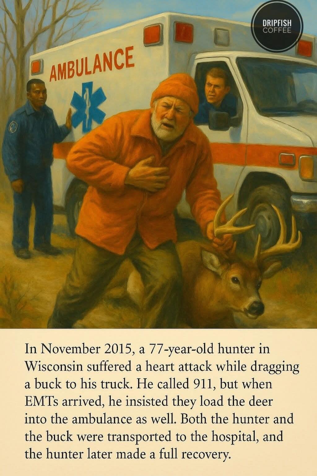 In November 2015, a 77-year-old hunter in Wisconsin suffered a heart attack while dragging a buck to his truck. He called 911, but when EMS arrived, he insisted they load the deer into the ambulance as well. Both the hunter and the buck were transported to the hospital, and the hunter later made a full recovery.