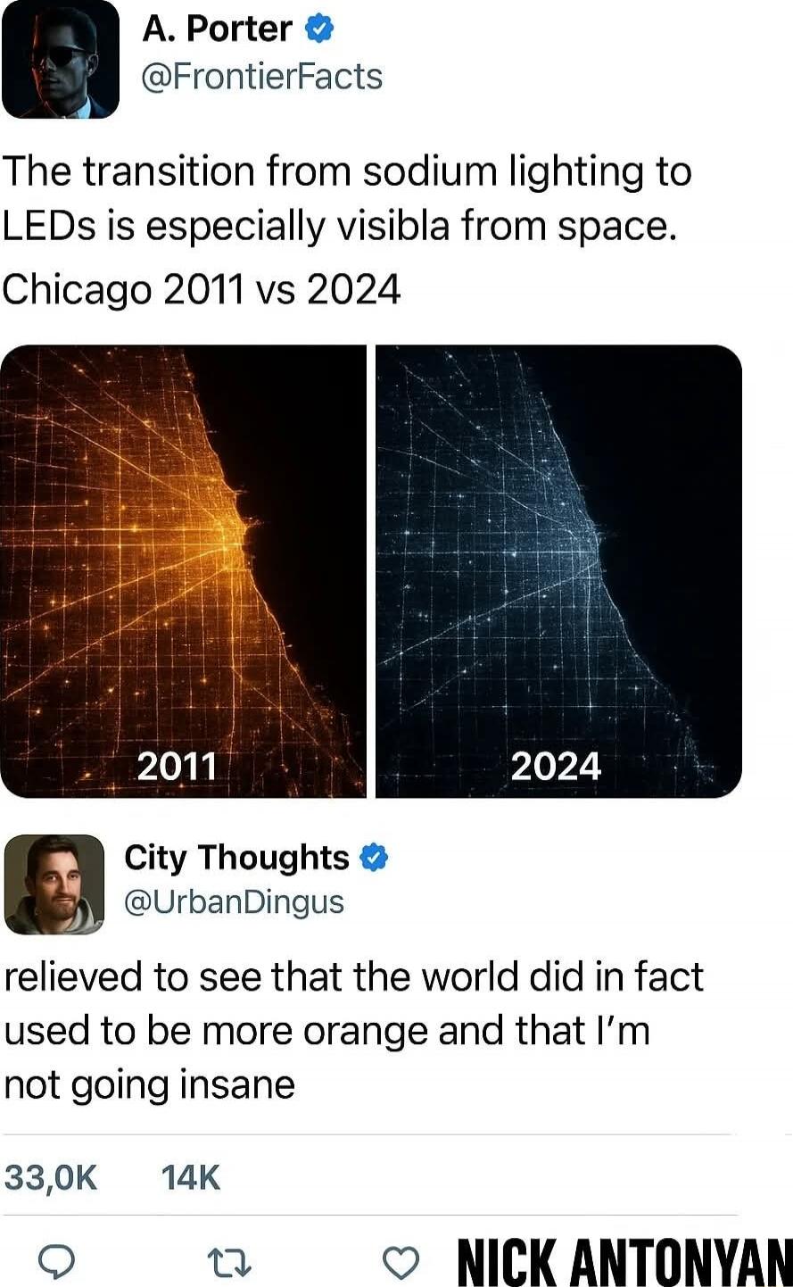 The transition from sodium lighting to LEDs is especially visble from space. Chicago 2011 vs 2024

relieved to see that the world did in fact used to be more orange and that I’m not going insane