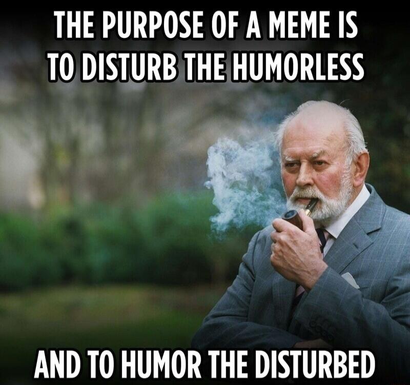 THE PURPOSE OF A MEME IS TO DISTURB THE HUMORLESS AND TO HUMOR THE DISTURBED