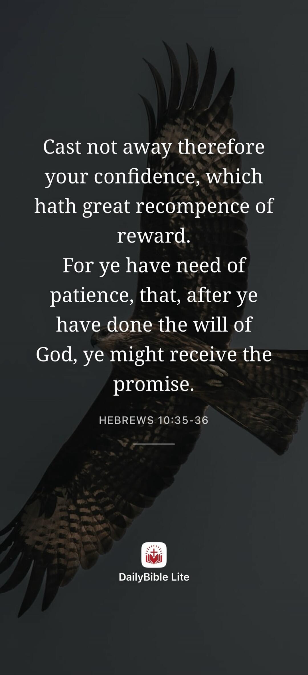 Cast not away therefore your confidence, which hath great recompence of reward. For ye have need of patience, that, after ye have done the will of God, ye might receive the promise. HEBREWS 10:35-36. DailyBible Lite.