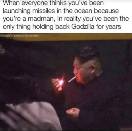 When everyone thinks youve been launching missiles in the ocean because youre a madman In reality youve been the only thing holding back Godzilla for years