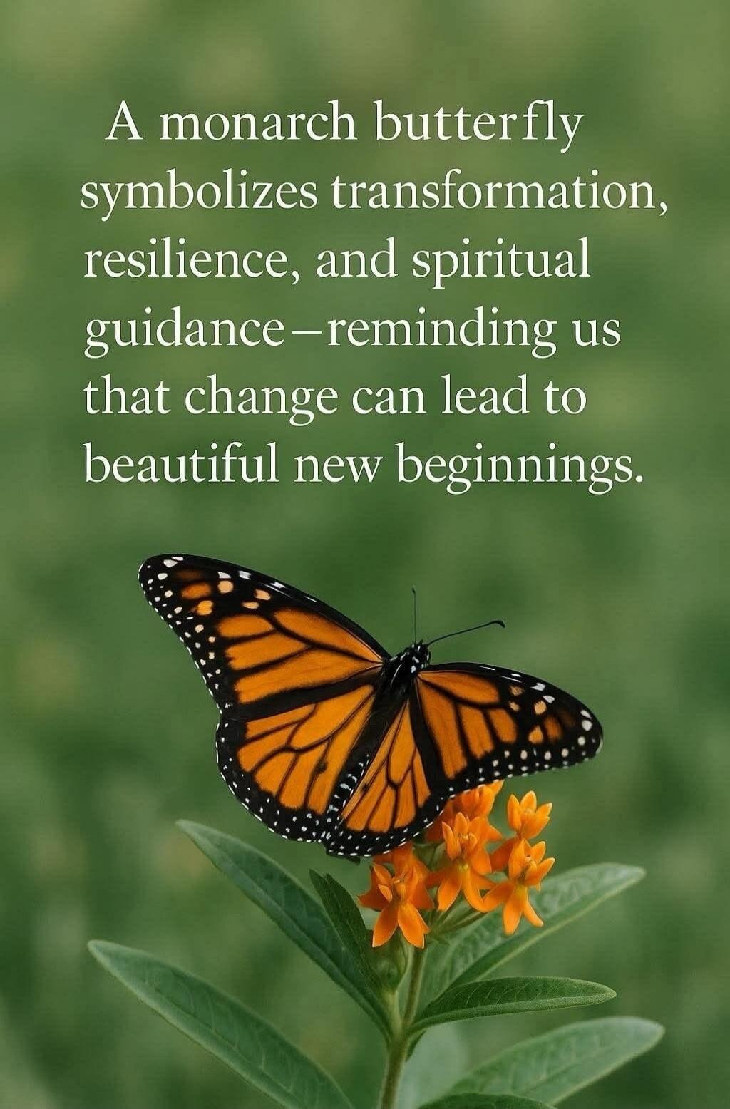 A monarch butterfly symbolizes transformation, resilience, and spiritual guidance—reminding us that change can lead to beautiful new beginnings.