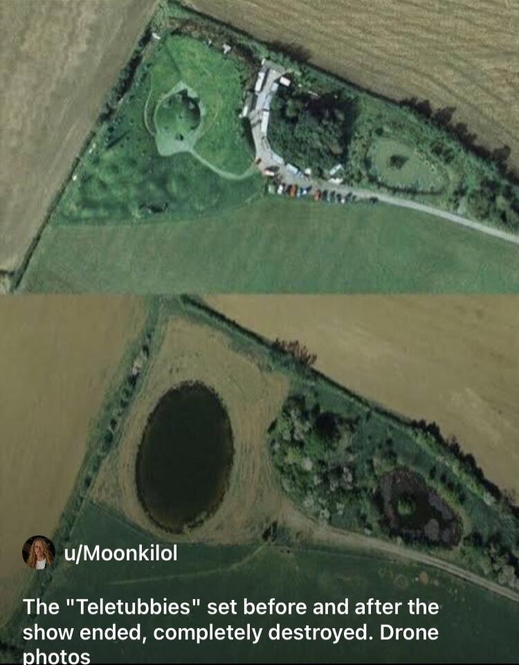 The Teletubbies set before and after the show ended completely destroyed Drone