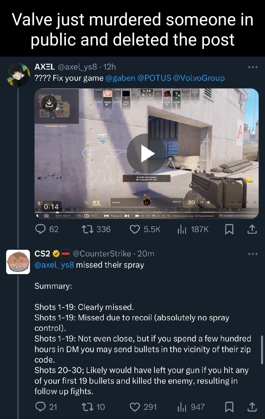 Valve just murdered someone in public and deleted the post axel ys8 12h 7727 Fixyour game gaben POTUS VolvoGroup e QOss5K ik A S2 CounterStrike 20m axel ys8 missed their spray Summary Shots 1 19 Clearly missed Shots 1 19 Missed due to recoil absolutely no spray control Shots 1 19 Not even close but if you spend a few hundred hours in DM you may send bullets in the vicinity of their zip code Shots 