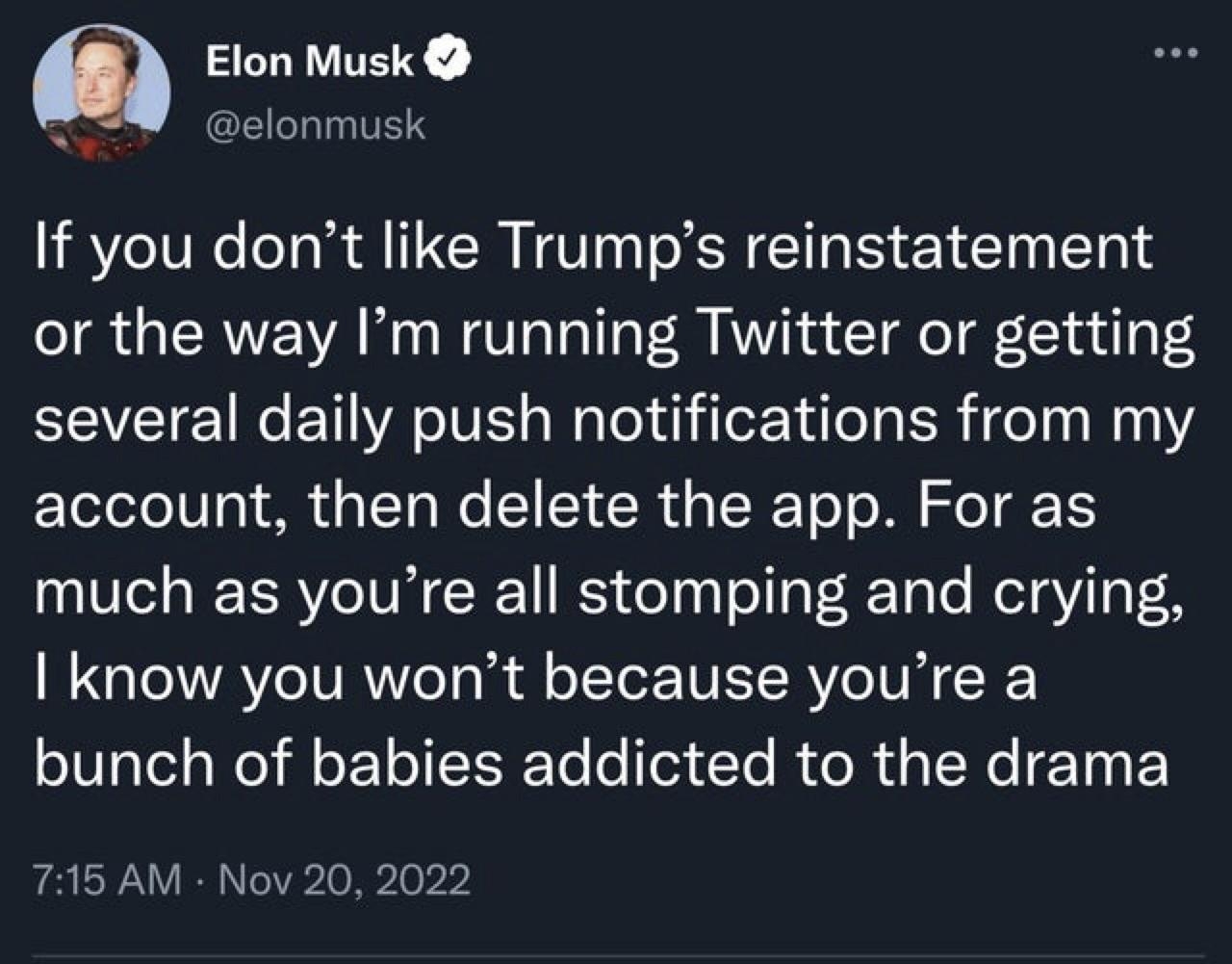 Elon Musk elonmusk If you dont like Trumps reinstatement or the way Im running Twitter or getting several daily push notifications from my account then delete the app For as much as youre all stomping and crying know you wont because youre a bunch of babies addicted to the drama 715 AM Nov 20 2022 R GENTEEERE QeI NECISIE R QRIEE