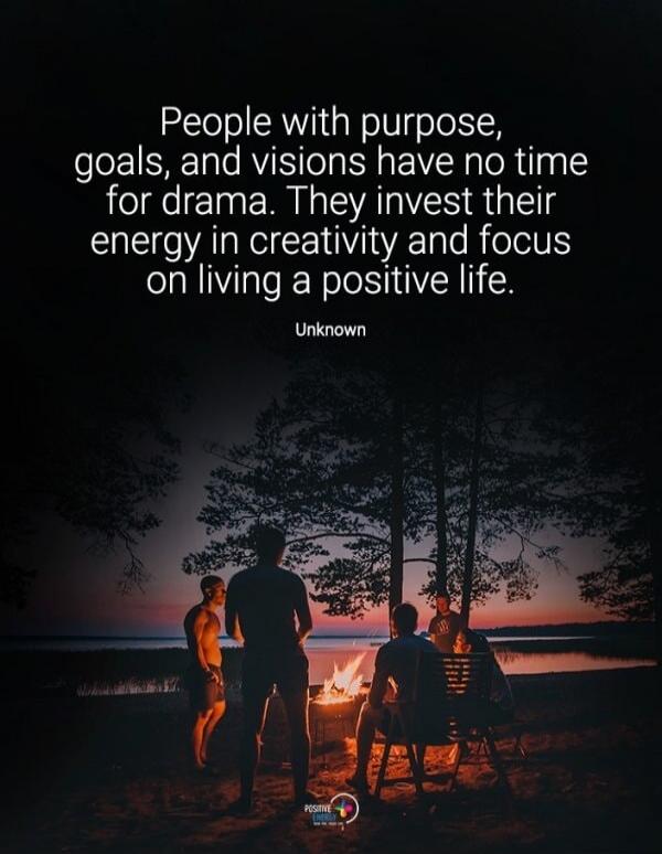 People with purpose, goals, and visions have no time for drama. They invest their energy in creativity and focus on living a positive life. Unknown. POSITIVE LIVING.
