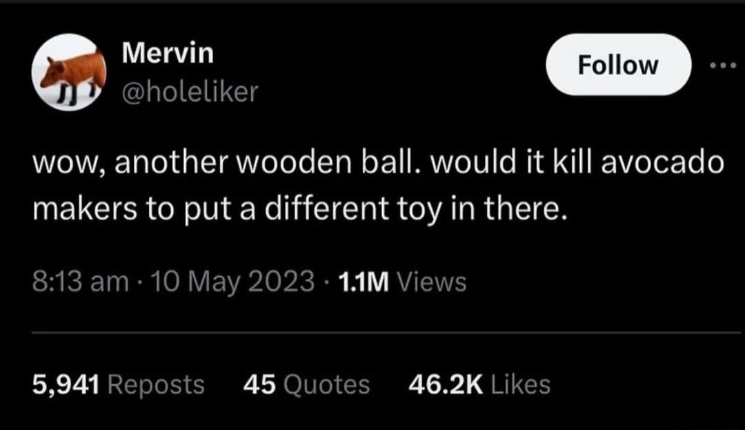 holeliker wow another wooden ball would it kill avocado makers to put a different toy in there EARENRR I VEVRIepRE 1V RVE X7 RERTH 45 Quotes 462K L