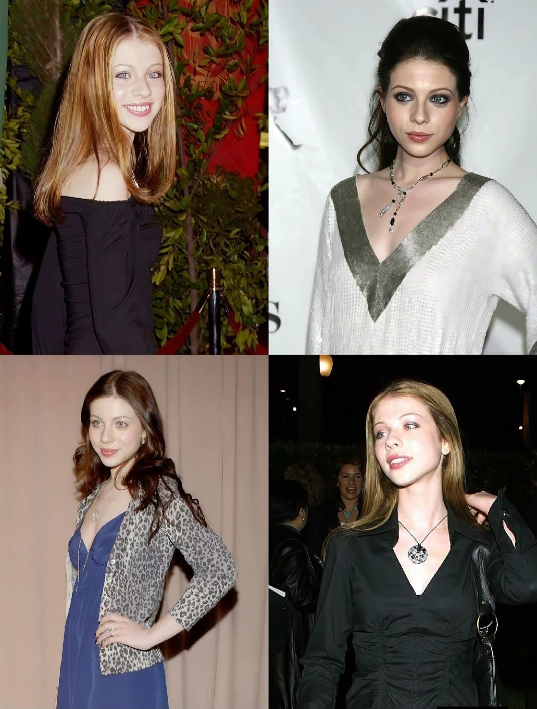 Four photographs of a young woman in different outfits arranged in a collage.