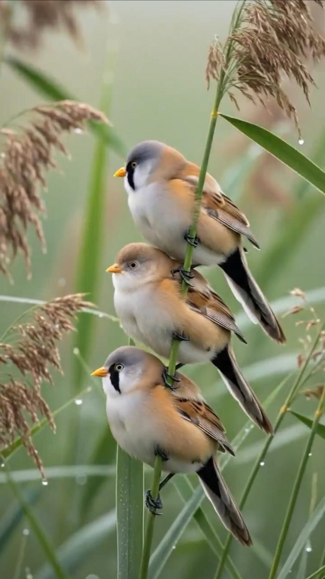 Three small birds perched on a reed in a wetland setting, stacked one on top of another.