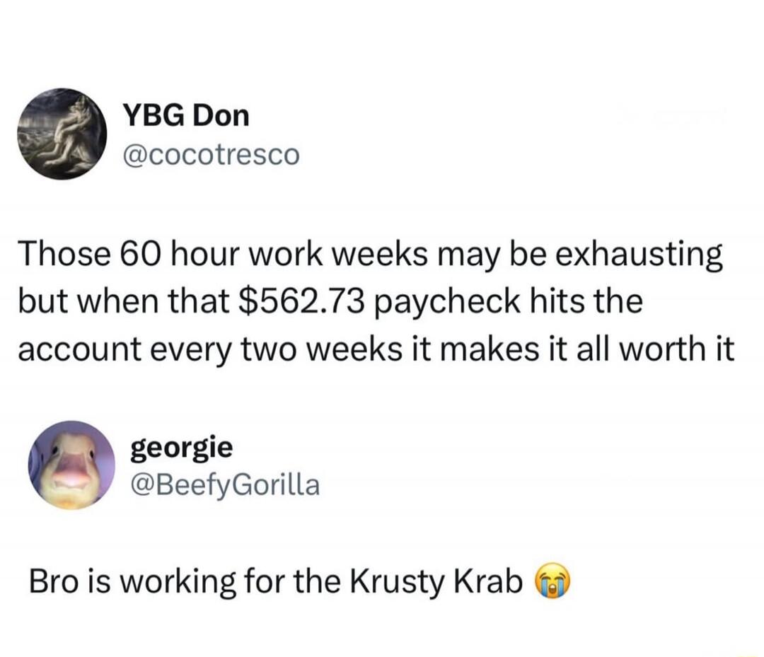 Those 60 hour work weeks may be exhausting but when that $562.73 paycheck hits the account every two weeks it makes it all worth it. Bro is working for the Krusty Krab 😭