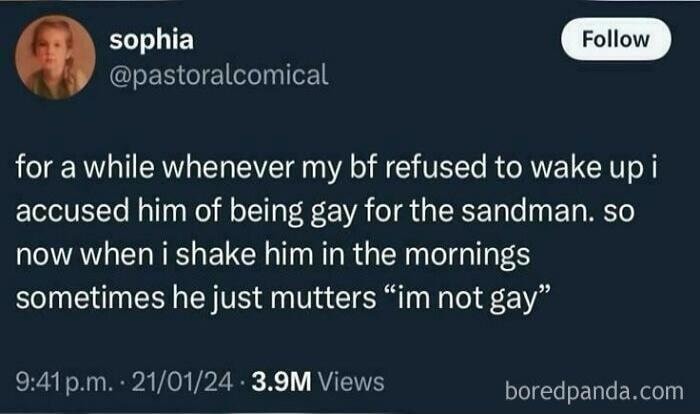 For a while whenever my bf refused to wake up I accused him of being gay for the sandman. So now when I shake him in the mornings sometimes he just mutters “I’m not gay”