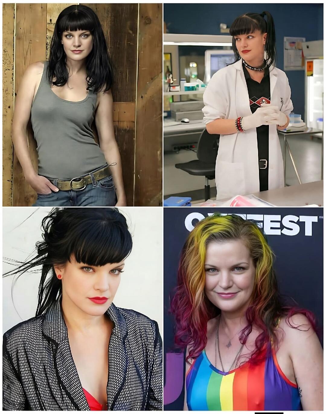 A collage featuring actress Pauley Perrette in four different looks. Top left shows her with dark hair in a grey tank top and jeans. Top right depicts her as Abby Sciuto from NCIS in a lab coat. Bottom left features her with dark hair, red lipstick, and a patterned jacket. Bottom right shows her with multi-colored hair and a rainbow-striped top, wi