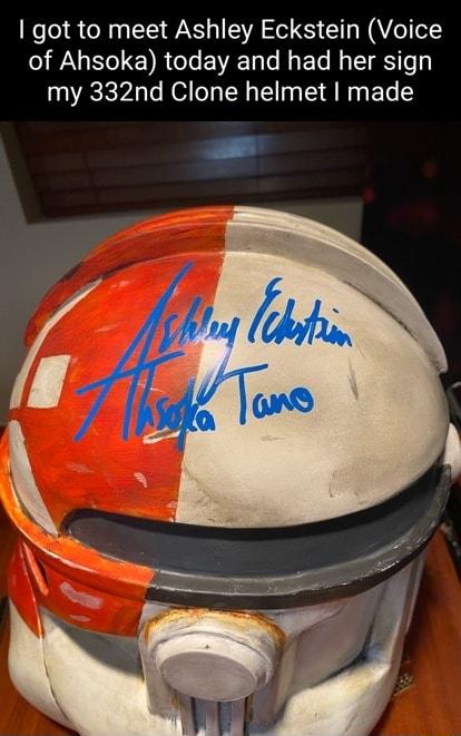 got to meet Ashley Eckstein Voice of Ahsoka today and had her sign my 332nd Clone helmet made