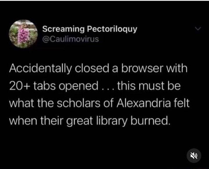 A Screaming Pectoriloquy w Caulimovirus JteleileSTaie1 WAwio1YTe RN ol ol VAT it g 20 tabs opened this must be what the scholars of Alexandria felt WalaRiatele Tl lo gYA oV g plTe R N