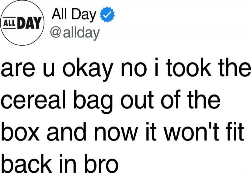 are u okay no i took the cereal bag out of the box and now it won't fit back in bro