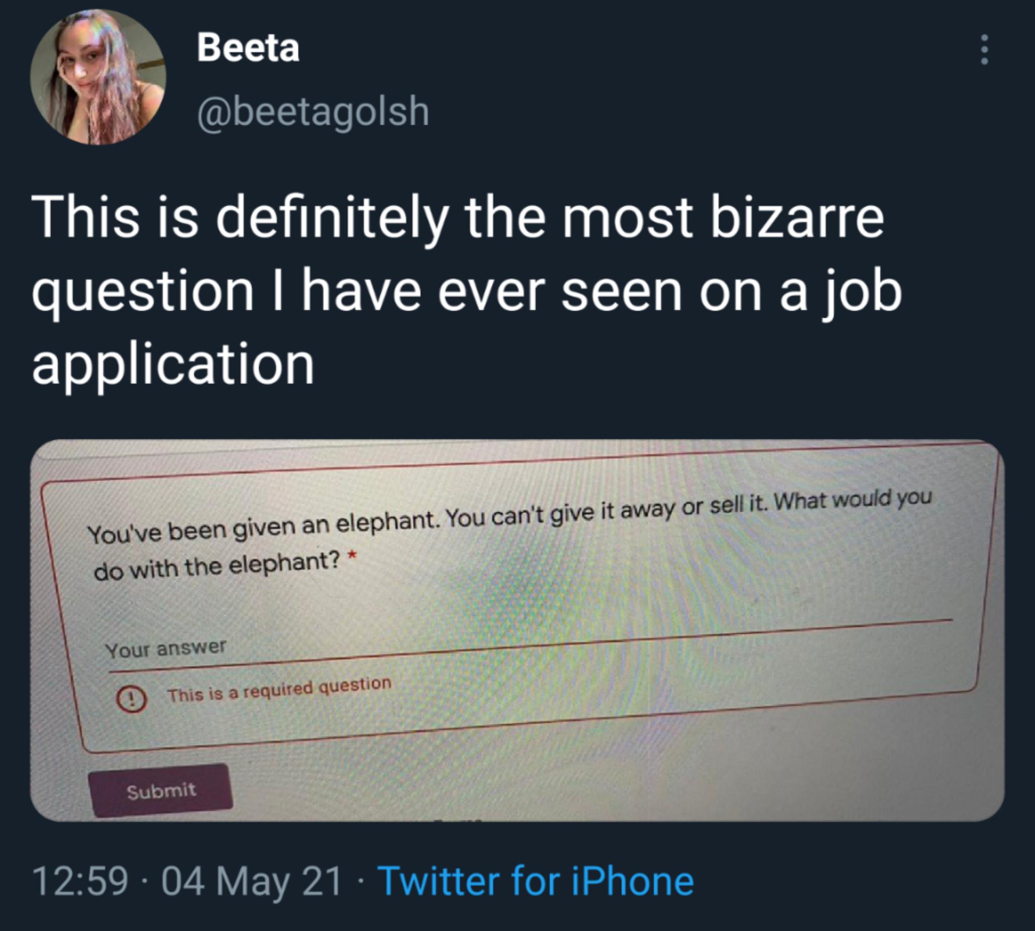 Beeta 7 beetagolsh This is definitely the most bizarre question have ever seen on a job application ive ould you Youve been given an elephant You cant give it away or sell it What w y do with the elephant Your answer isisafr ulr yestion 1259 04 May 21 Twitter for iPhone