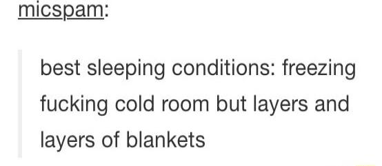 micspam best sleeping conditions freezing fucking cold room but layers and layers of blankets