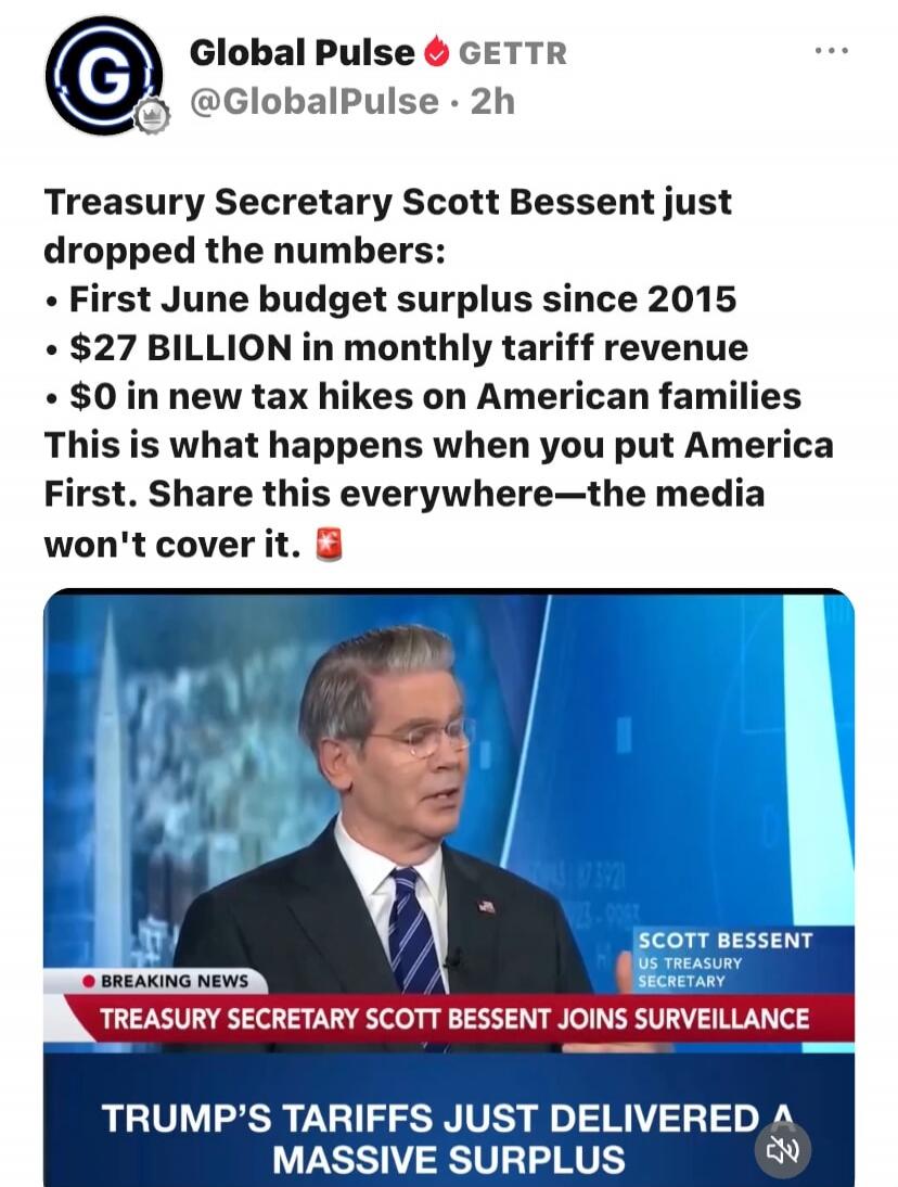 Treasury Secretary Scott Bessent just dropped the numbers: First June budget surplus since 2015, $27 BILLION in monthly tariff revenue, $0 in new tax hikes on American families. This is what happens when you put America First. Share this everywhere—the media won't cover it. Breaking News: Treasury Secretary Scott Bessent joins surveillance. Trump's