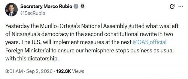 Yesterday the Murillo-Ortega's National Assembly gutted what was left of Nicaragua's democracy in the second constitutional rewrite in two years. The U.S. will implement measures at the next @OAS_official Foreign Ministerial to ensure our hemisphere stops business as usual with this dictatorship.