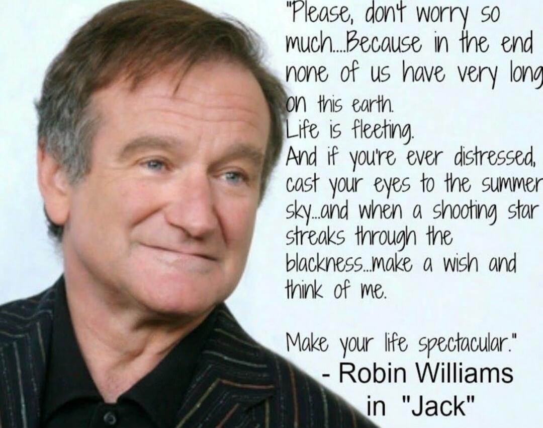 Please, don't worry so much... Because in the end none of us have very long on this earth. Life is fleeting. And if you're ever distressed, cast your eyes to the summer sky... and when a shooting star streaks through the blackness, make a wish and think of me. Make your life spectacular. - Robin Williams in 