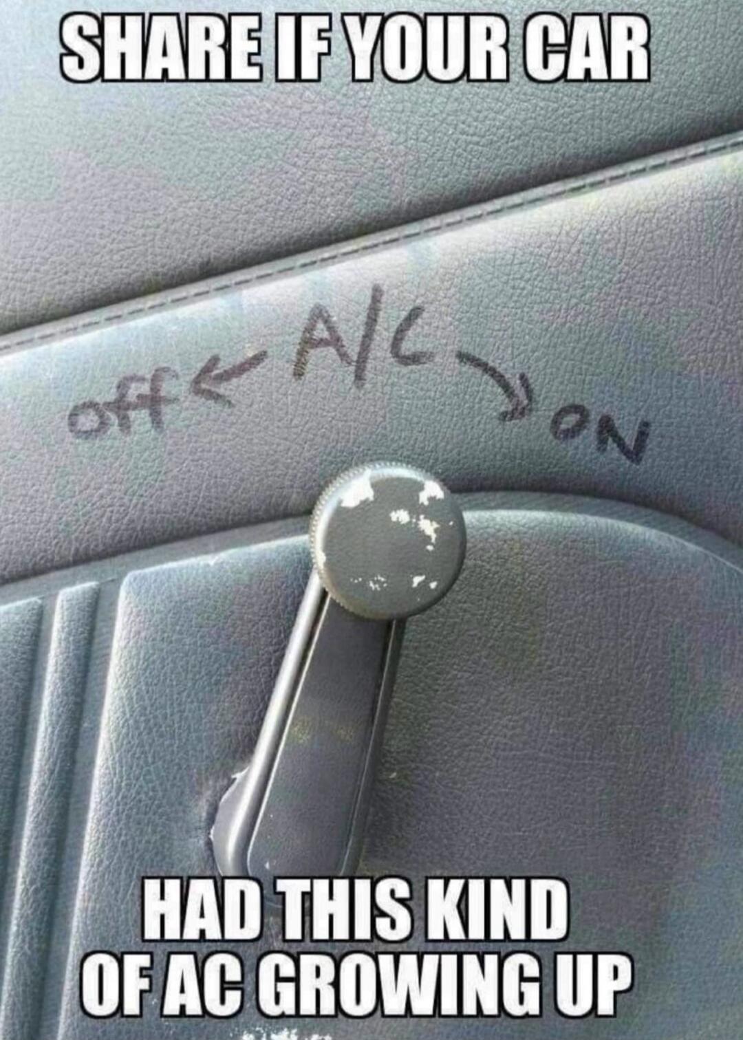 SHARE IF YOUR CAR HAD THIS KIND OF AC GROWING UP. A manual window crank is shown on a car door panel, with 'A/C' written above it, indicating 'off' when the window is up and 'on' when it's rolled down.