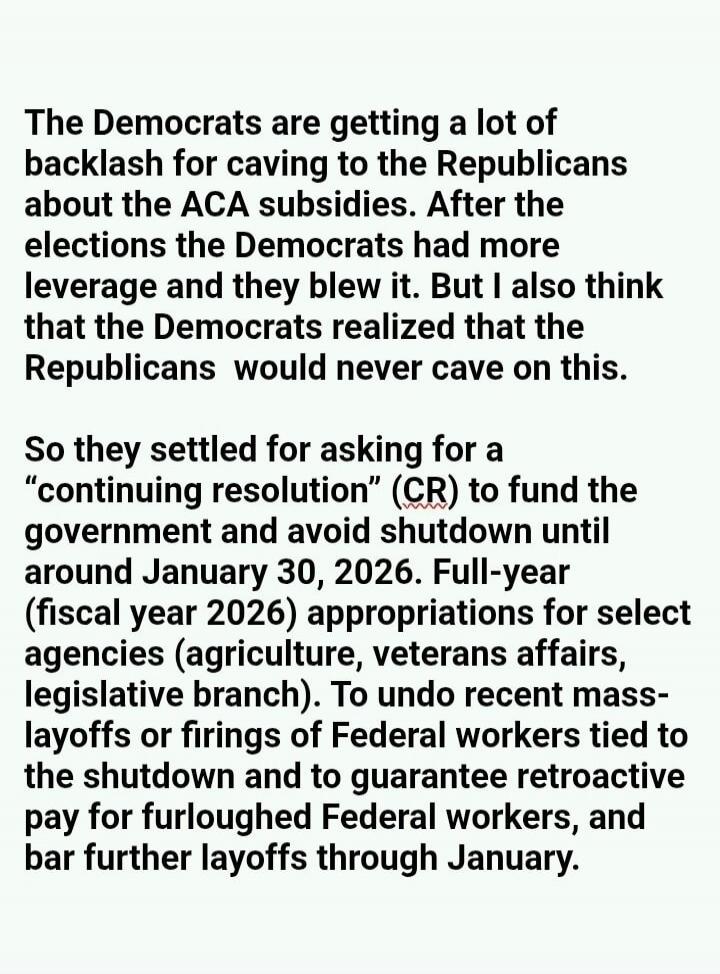 The Democrats are getting a lot of backlash for caving to the Republicans about the ACA subsidies. After the elections the Democrats had more leverage and they blew it. But I also think that the Democrats realized that the Republicans would never cave on this. 

So they settled for asking for a “continuing resolution” (CR) to fund the government an