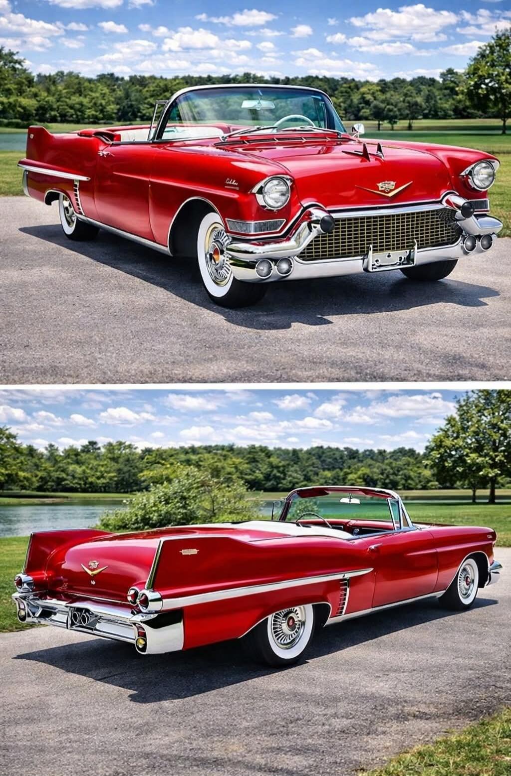 A classic red Cadillac convertible is parked outdoors on an asphalt road, with a lush green landscape and a body of water in the background under a blue sky with white clouds.