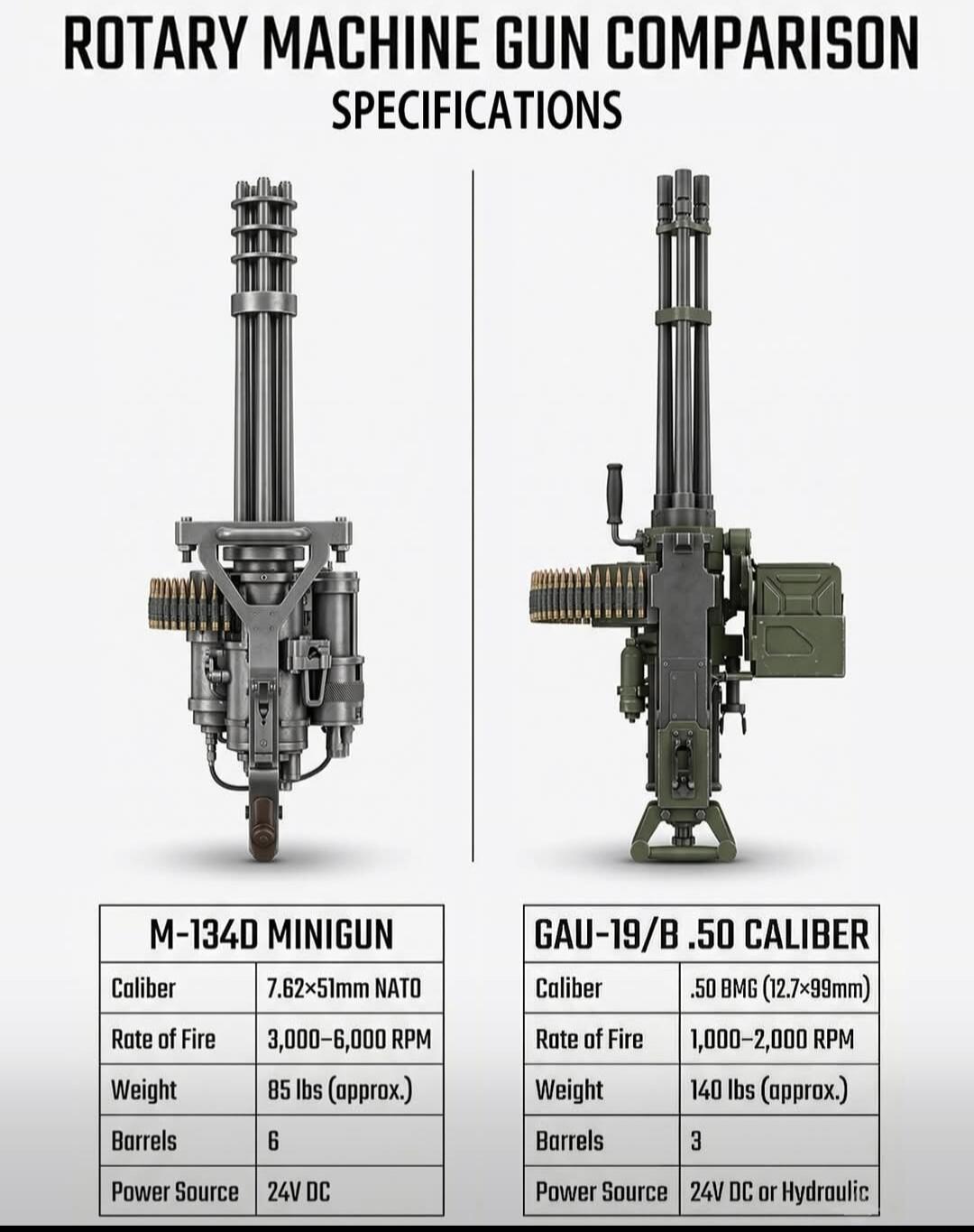 ROTARY MACHINE GUN COMPARISON SPECIFICATIONS. M-134D MINIGUN. Caliber: 7.62x51mm NATO. Rate of Fire: 3,000-6,000 RPM. Weight: 85 lbs (approx.). Barrels: 6. Power Source: 24V DC. GAU-19/B .50 CALIBER. Caliber: .50 BMG (12.7x99mm). Rate of Fire: 1,000-2,000 RPM. Weight: 140 lbs (approx.). Barrels: 3. Power Source: 24V DC or Hydraulic.