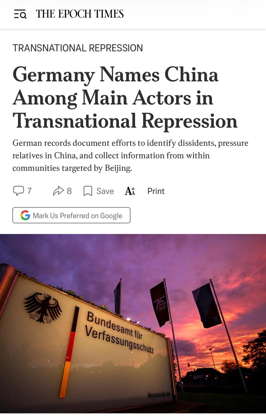 THE EPOCH TIMES. TRANSNATIONAL REPRESSION. Germany Names China Among Main Actors in Transnational Repression. German records document efforts to identify dissidents, pressure relatives in China, and collect information from within communities targeted by Beijing. Bundesamt für Verfassungsschutz. 75 JAHRE. Merianstraße 100.