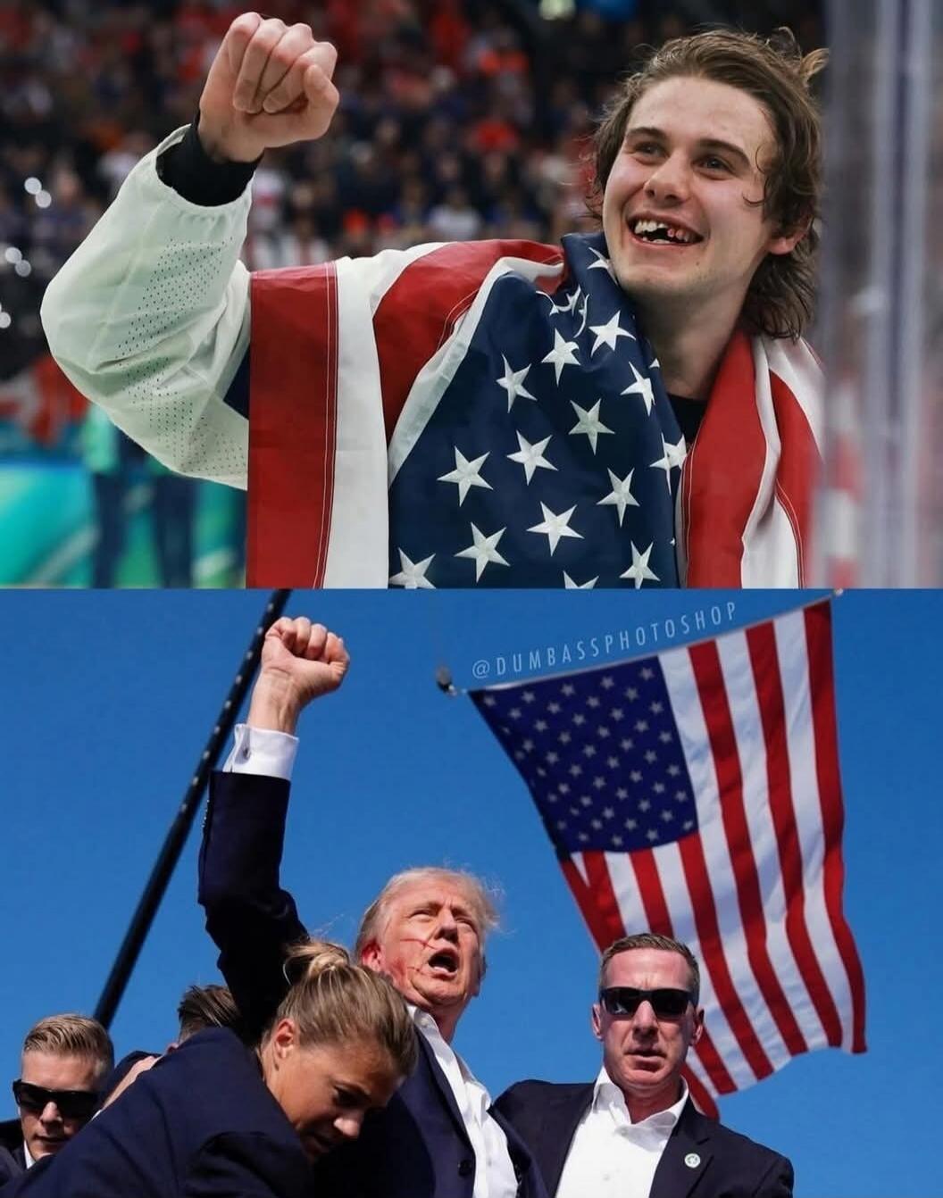 The image shows two separate scenes. The top scene features a young man, likely an athlete, draped in an American flag and celebrating with his fist raised. He has a joyful expression and is missing a front tooth. The bottom scene depicts Donald Trump with his fist raised, also seemingly in a moment of celebration or rally, with an American flag wa