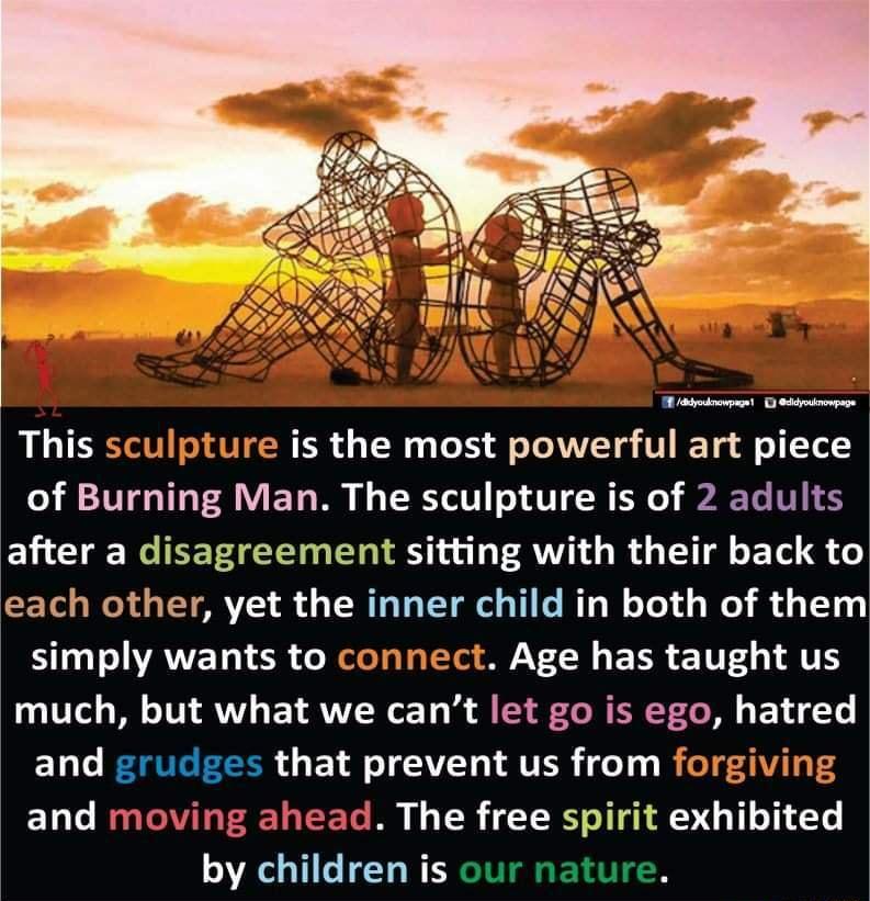 re is the most powerful art piece g Man The sculpture is of 2 adults after a disagreement sitting with their back to each other yet the inner child in both of them BT AVED O GRS CN EER 117 AT much but what we cant let go is ego hatred ELL EGEEEEER ETE TGV TATER 11 B EL L ERTSBERETEET M T8 TR T by children is