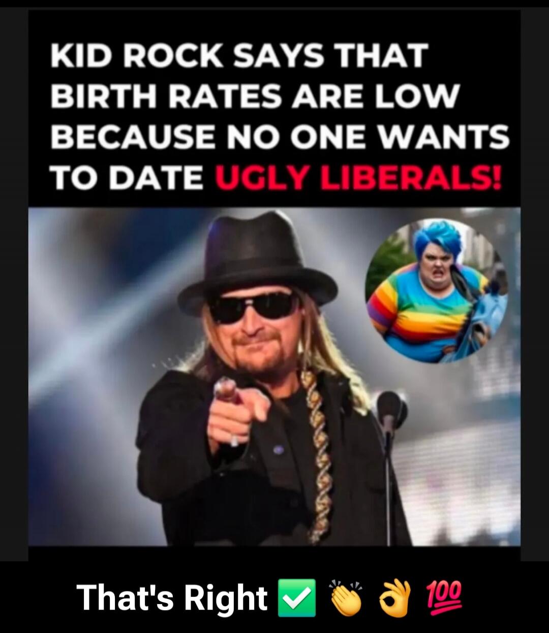 KID ROCK SAYS THAT BIRTH RATES ARE LOW BECAUSE NO ONE WANTS TO DATE UGLY LIBERALS! That's Right ✅ 👏 👌 💯