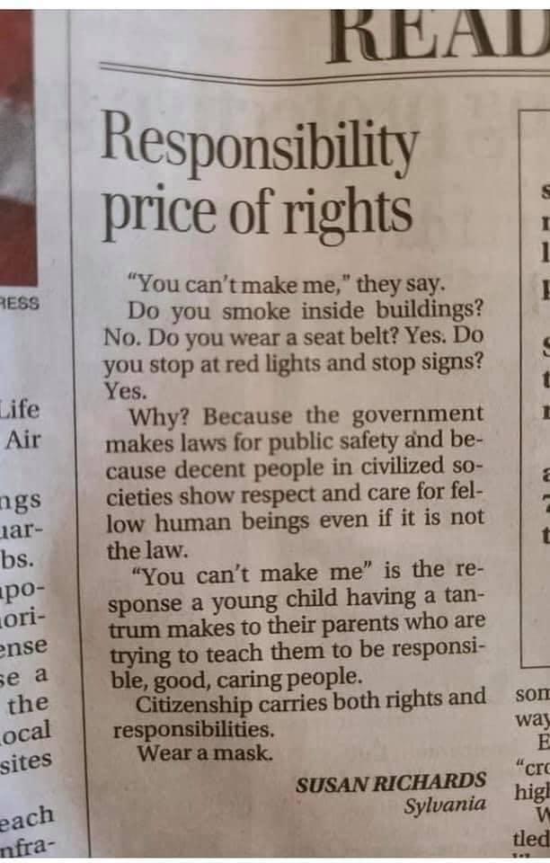 1ESS REALU Responsibility price of rights You cantmake me they say Do you smoke inside buildings No Do you wear a seat belt Yes Do 0u stop at red lights and stop signs es Why Because the government makes laws for public safety and be cause decent people in civilized so cieties show respect and care for fel Jow human beings even if it is not the law You cant make me is the re sponse a young child h