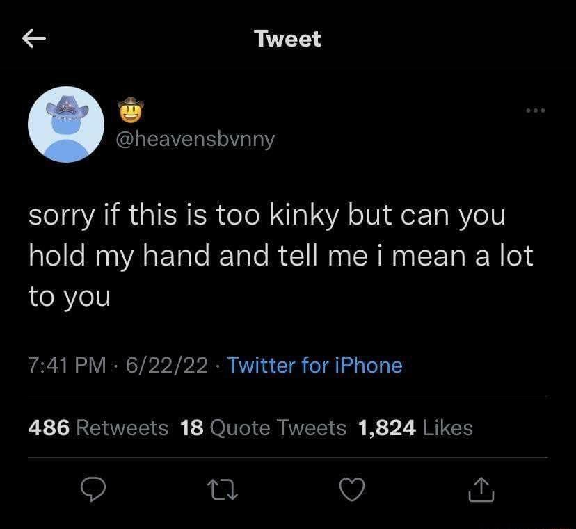Tweet heavensbvnny sorry if this is too kinky but can you hold my hand and tell me i mean a lot to you 741 PM 62222 Twitter for iPhone 486 Retweets 18 Quote Tweets 1824 Likes i V